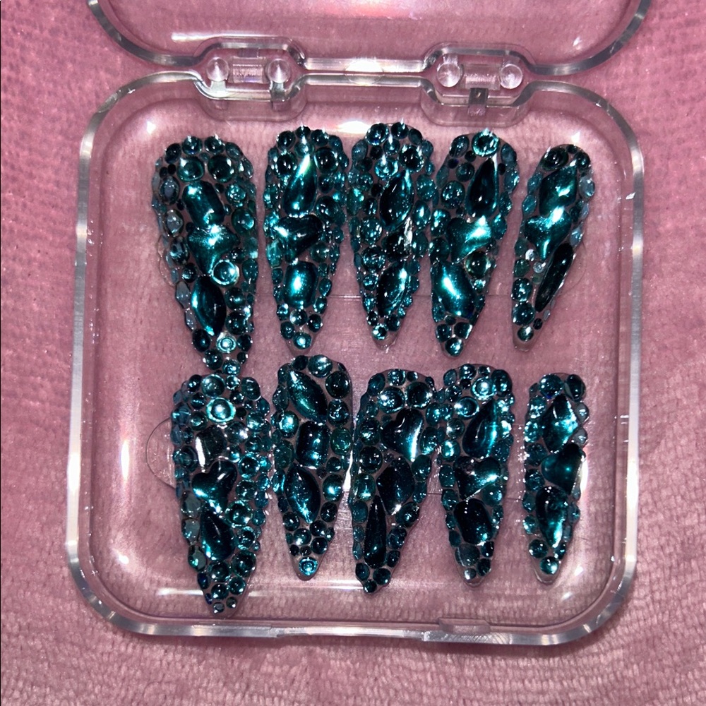 Teal Crystal Embellished Stiletto Press-On Nails